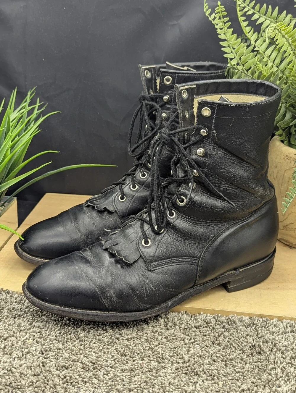 Justin Kiltie Style Lace Up Mens Size 11.5D Black Leather Boots